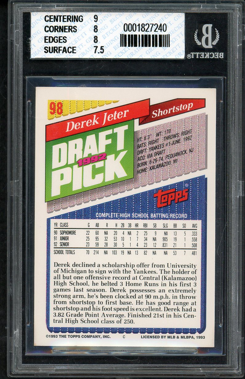 1993 Topps #098 Derek Jeter Yankees BVG 8 NM/MT 567844