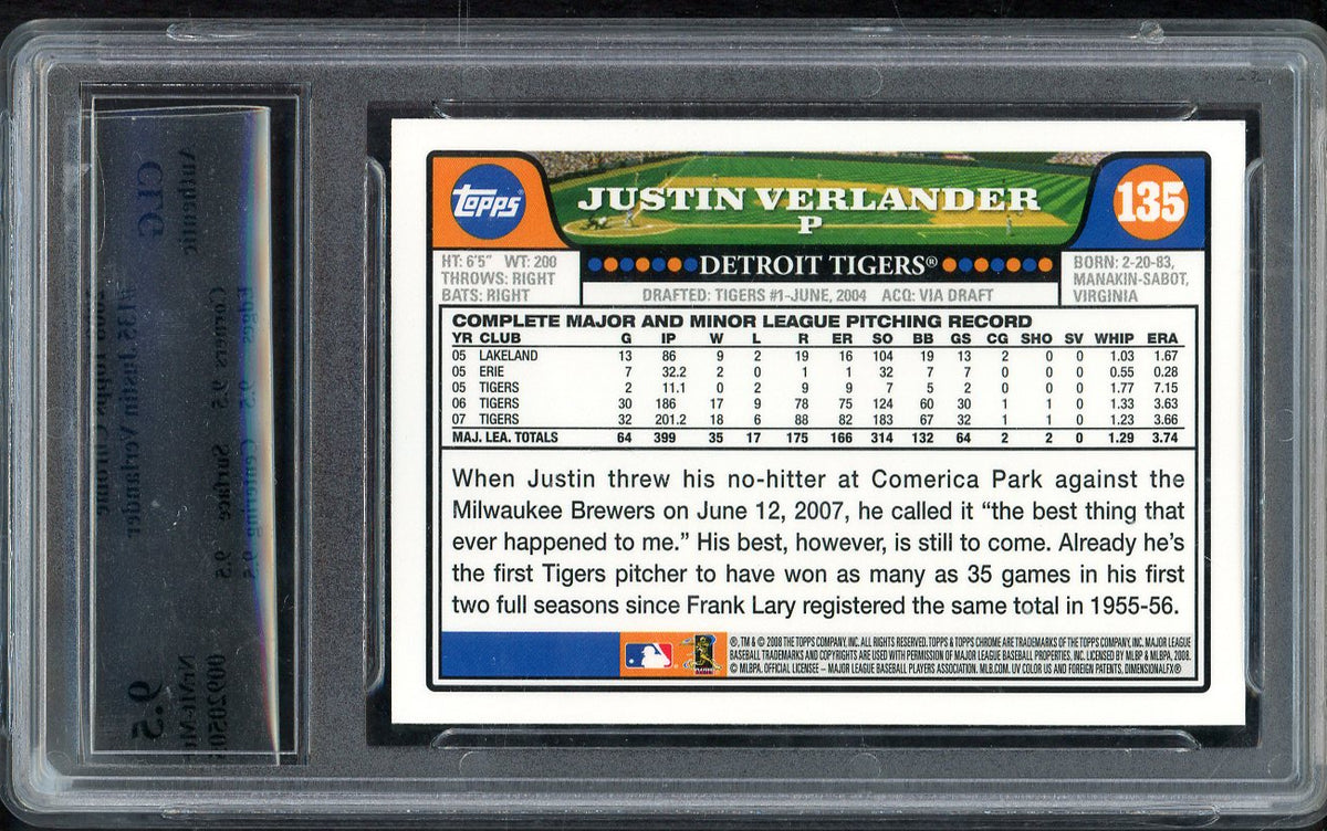 2008 Topps Chrome #135 Justin Verlander Tigers CLG 9.5 NM/MT+ 567949