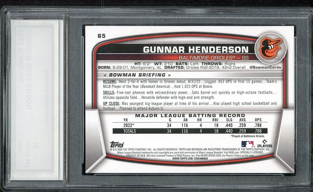 2023 Bowman #065 Gunnar Henderson Orioles SGCO 10 GEM MINT 567965