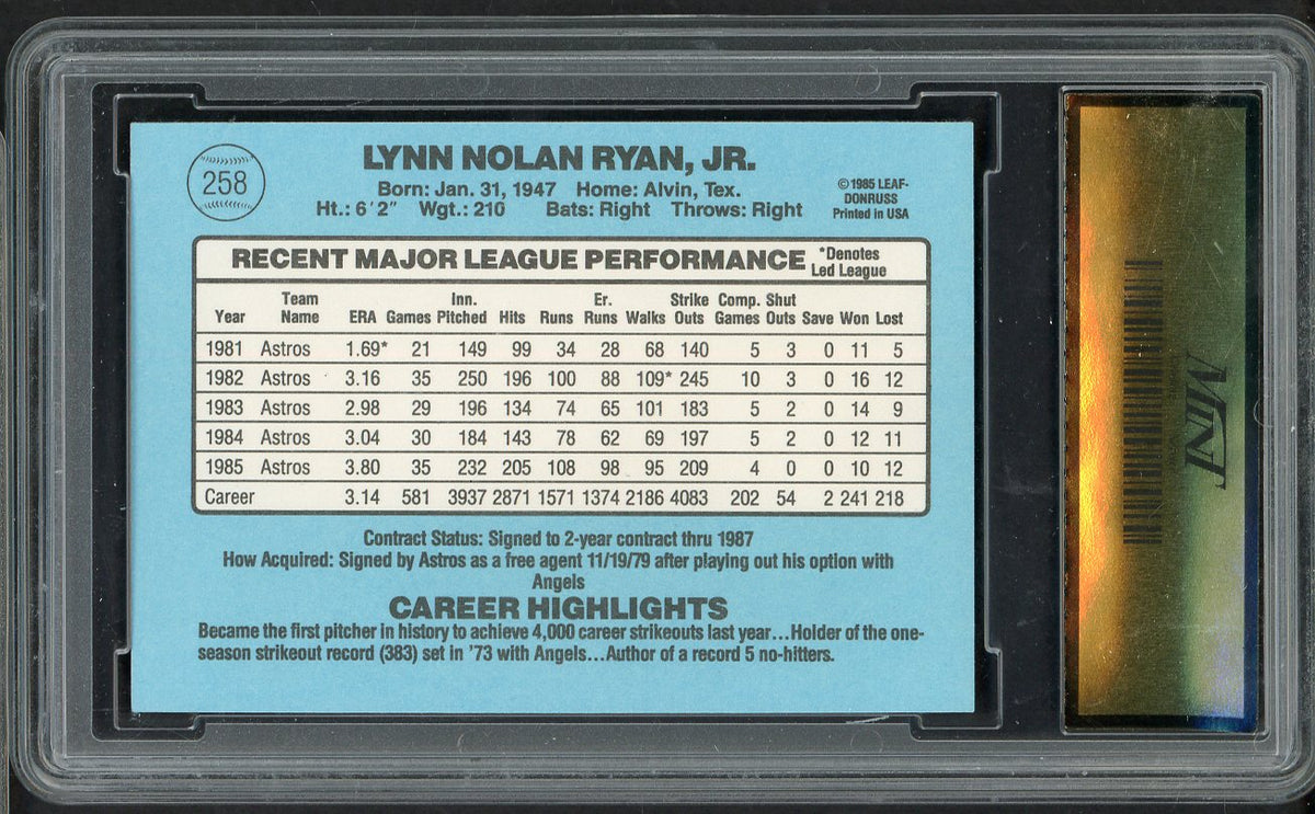 1986 Donruss #258 Nolan Ryan Astros MGS 10 GEM MINT 568082