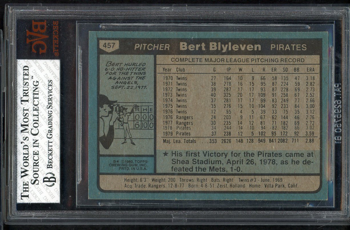 1980 Topps Baseball #457 Bert Blyleven Pirates BVG 7.5 NM+ 568085