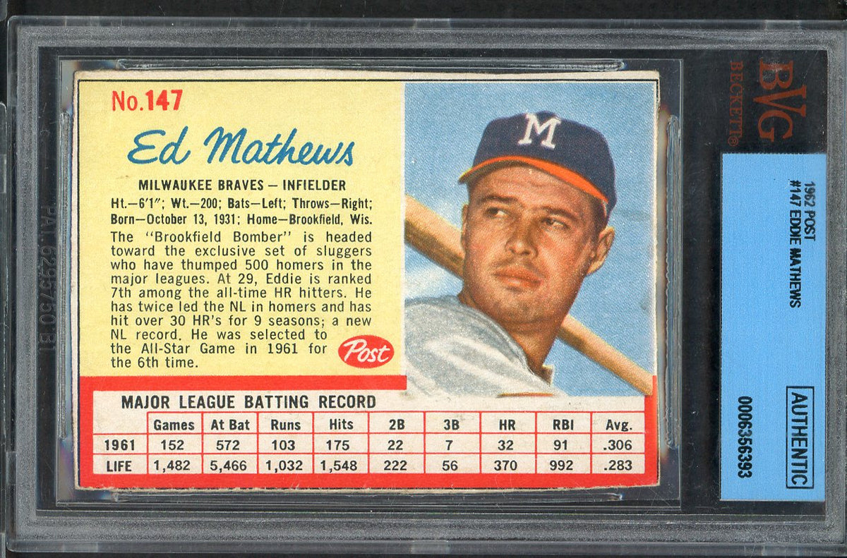 1962 Post Baseball #147 Eddie Mathews Braves BVG Auth 568098