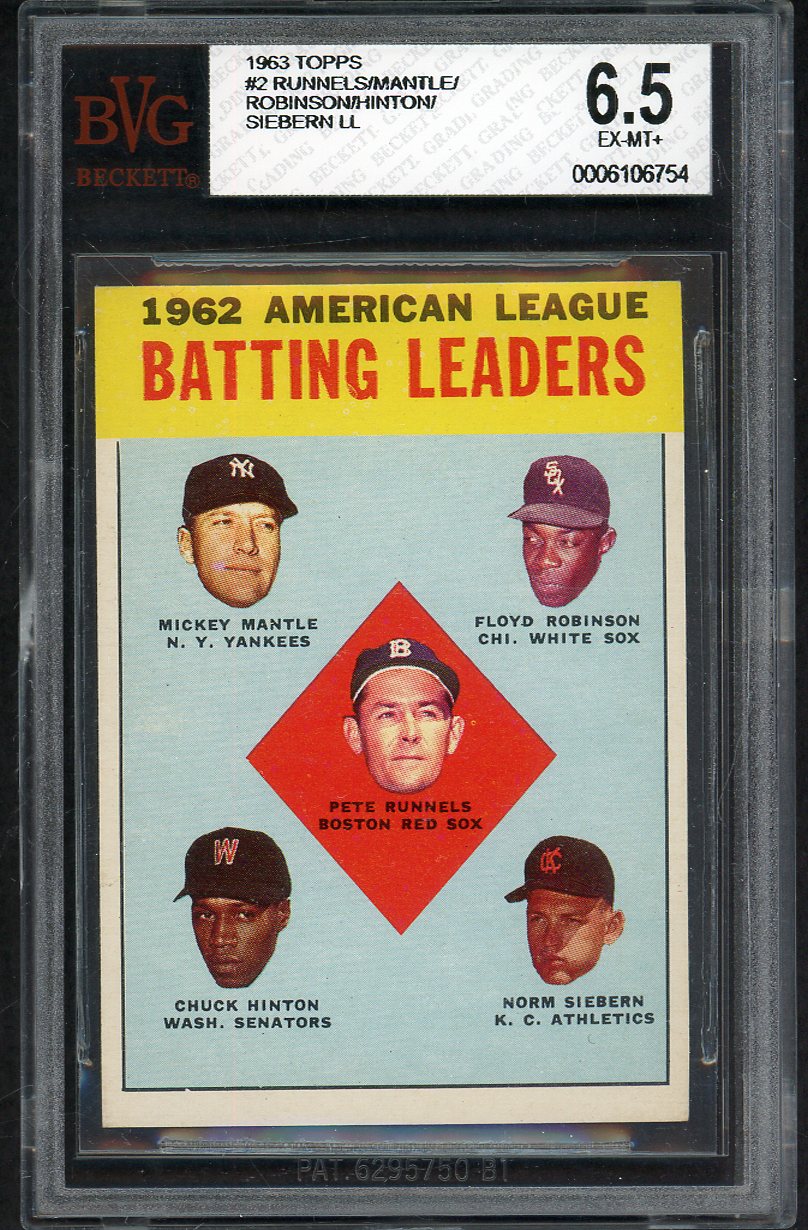 1963 Topps Baseball #002 A.L. Batting Leaders Mickey Mantle BVG 6.5 EX-MT+ 568104