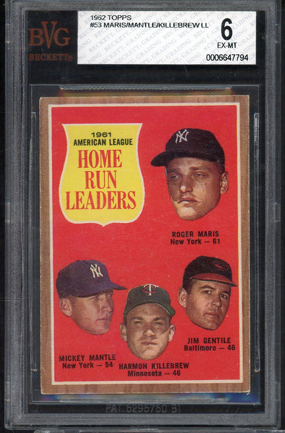 1962 Topps Baseball #053 A.L. Home Run Leaders Mickey Mantle BVG 6 EX-MT 568109