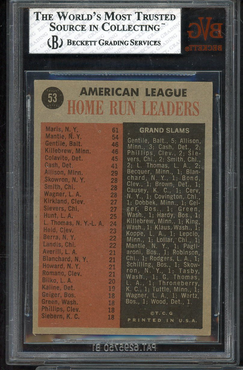 1962 Topps Baseball #053 A.L. Home Run Leaders Mickey Mantle BVG 6 EX-MT 568109