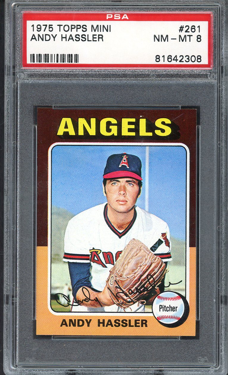 1975 Topps Mini Baseball #261 Andy Hassler Angels PSA 8 NM/MT 568149