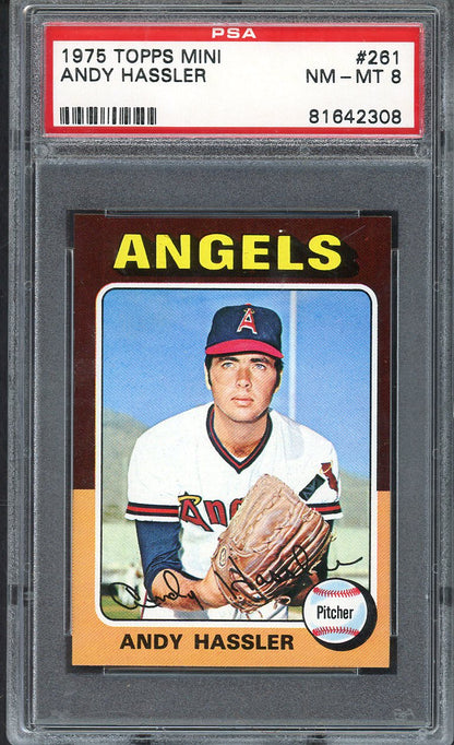1975 Topps Mini Baseball #261 Andy Hassler Angels PSA 8 NM/MT 568149