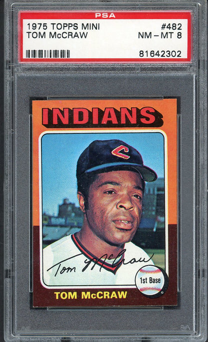 1975 Topps Mini Baseball #482 Tom McCraw Indians PSA 8 NM/MT 568150