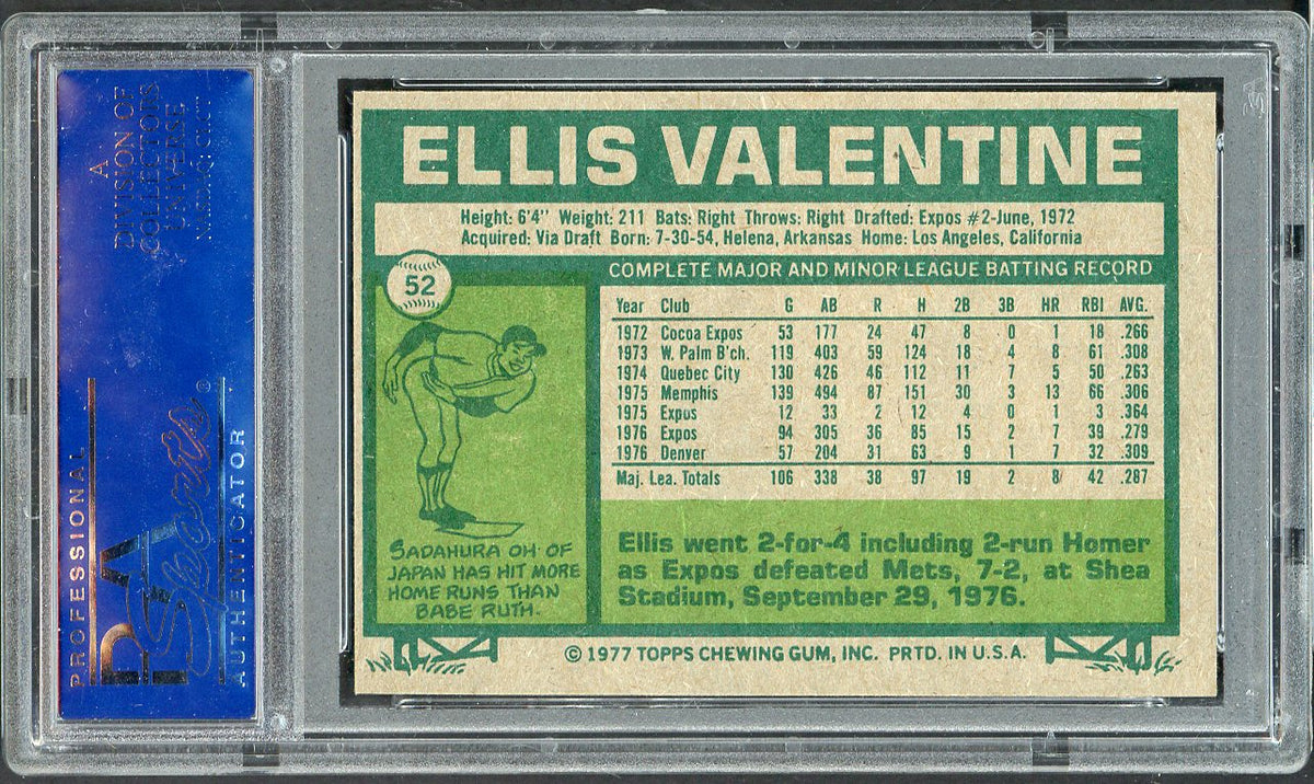 1977 Topps Baseball #052 Ellis Valentine Expos PSA 9 MINT 568180