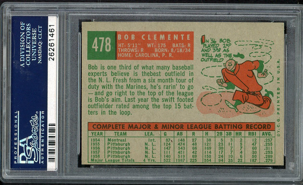 1959 Topps Baseball #478 Roberto Clemente Pirates PSA 7 NM 568216