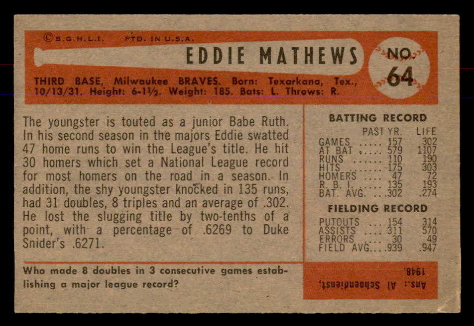 1954 Bowman Baseball # 64 Eddie Mathews Braves EX-MT 568350