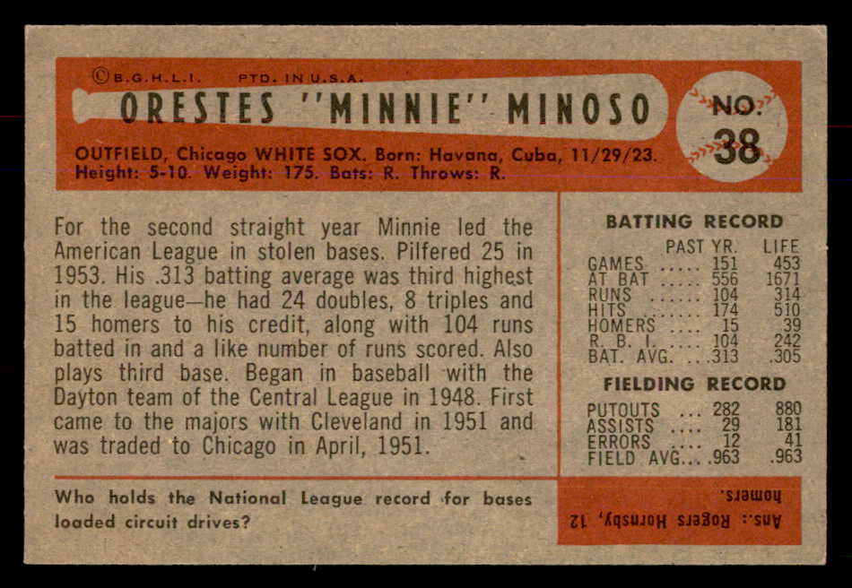 1954 Bowman Baseball # 38 Minnie Minoso White Sox NR-MT 568352