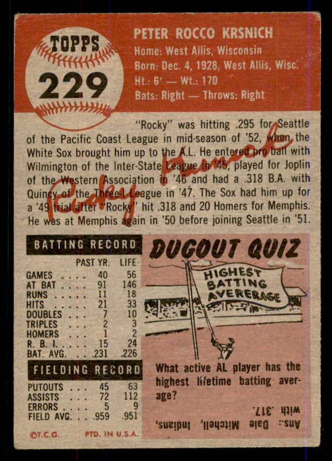 1953 Topps Baseball #229 Rocky Krsnich White Sox GD-VG 568356