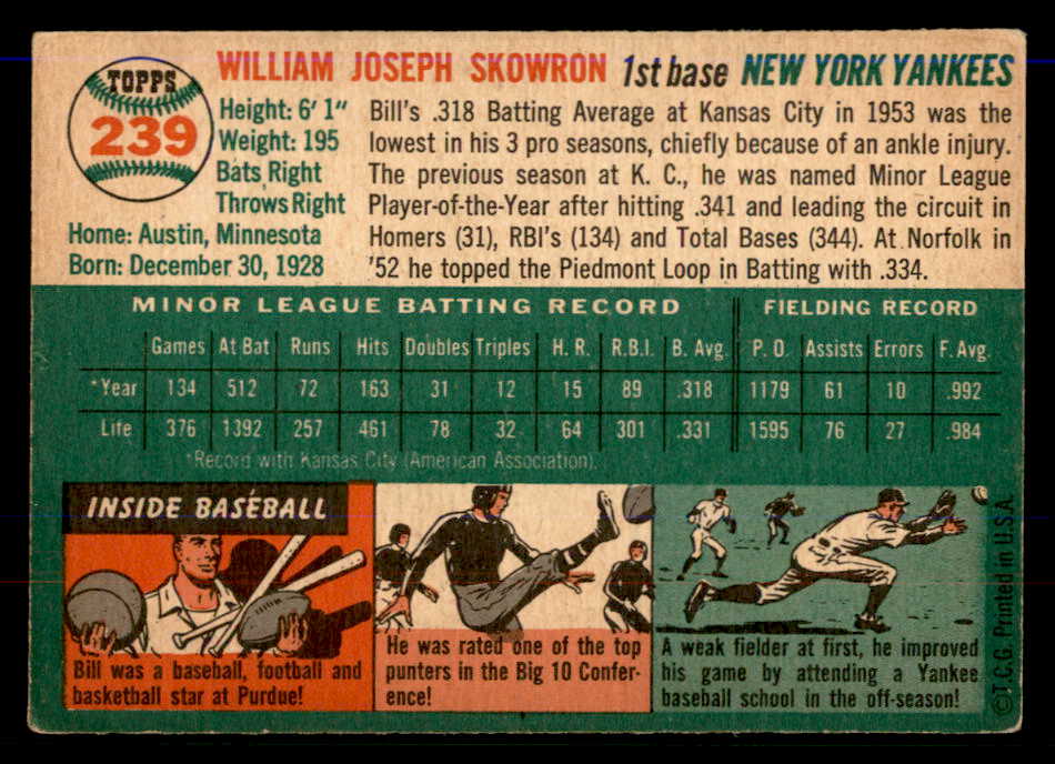 1954 Topps Baseball #239 Bill Skowron Yankees EX 568361