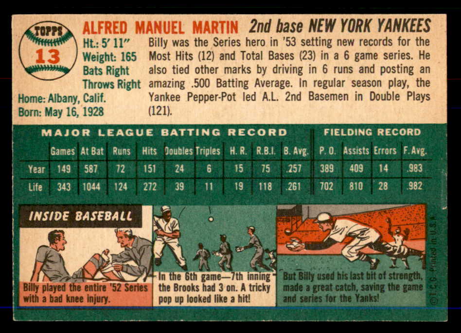 1954 Topps Baseball # 13 Billy Martin Yankees EX-MT 568362