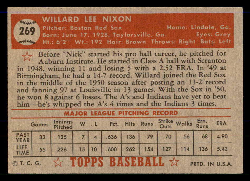 1952 Topps Baseball #269 Willard Nixon Red Sox EX-MT 568363