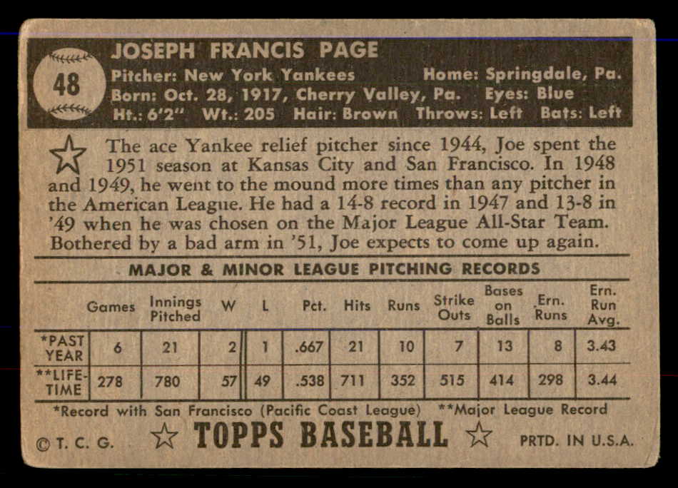 1952 Topps Baseball # 48 Joe Page Yankees VG Black 568368