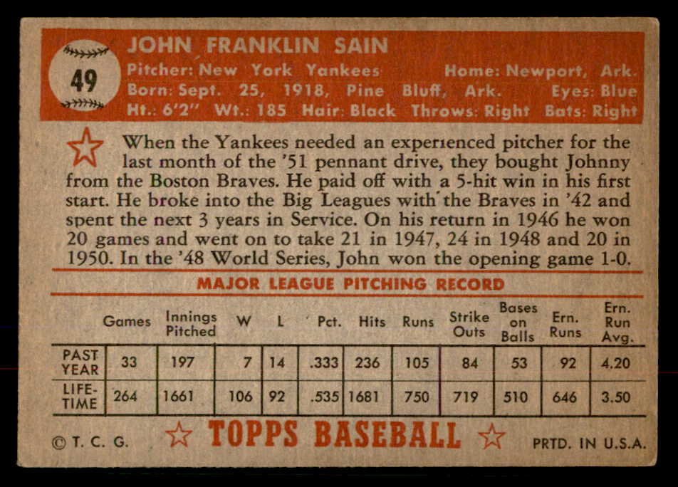 1952 Topps Baseball # 49 Johnny Sain Yankees VG-EX Red 568371