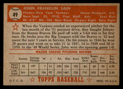 1952 Topps Baseball # 49 Johnny Sain Yankees VG-EX Red 568371