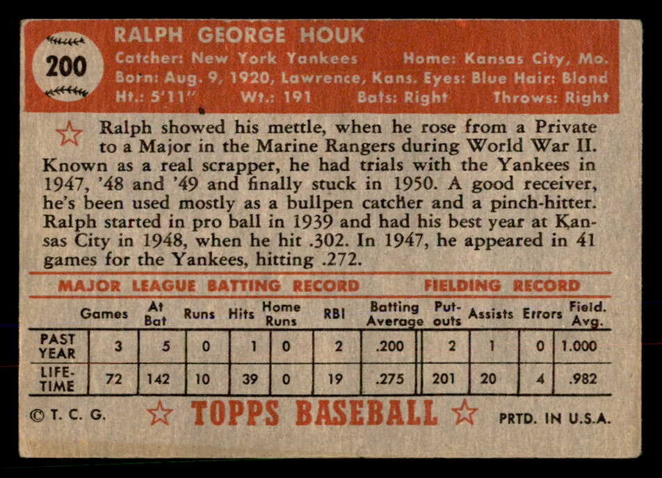 1952 Topps Baseball #200 Ralph Houk Yankees VG-EX 568373