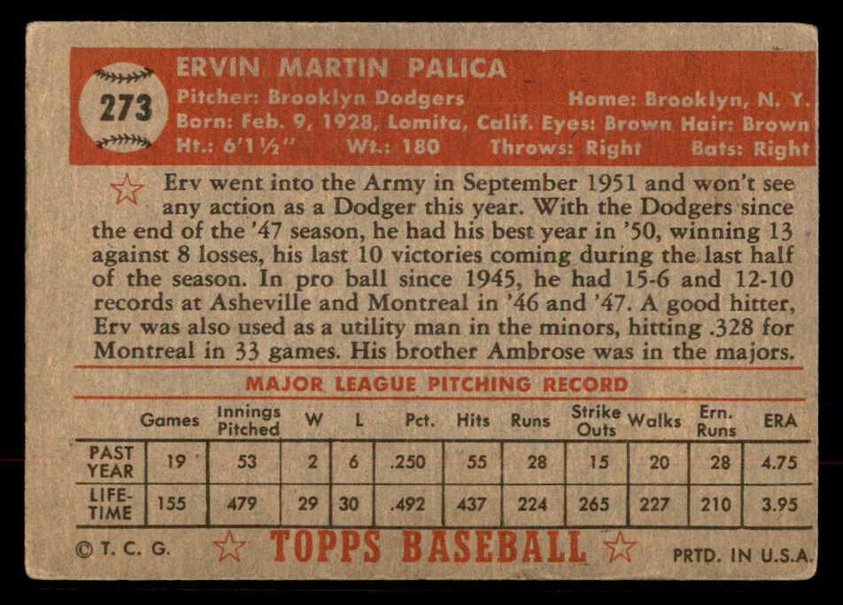 1952 Topps Baseball #273 Erv Palica Dodgers VG-EX 568376
