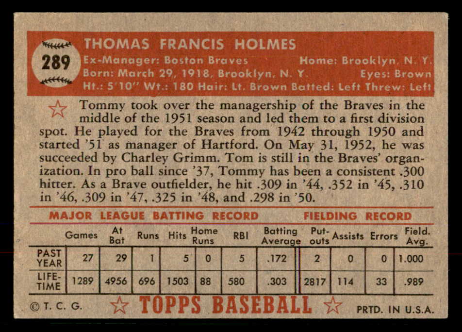 1952 Topps Baseball #289 Tommy Holmes Braves VG 568382