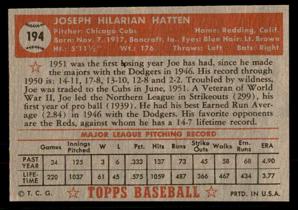1952 Topps Baseball #194 Joe Hatten Cubs EX-MT 568384