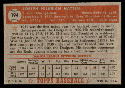 1952 Topps Baseball #194 Joe Hatten Cubs EX-MT 568384