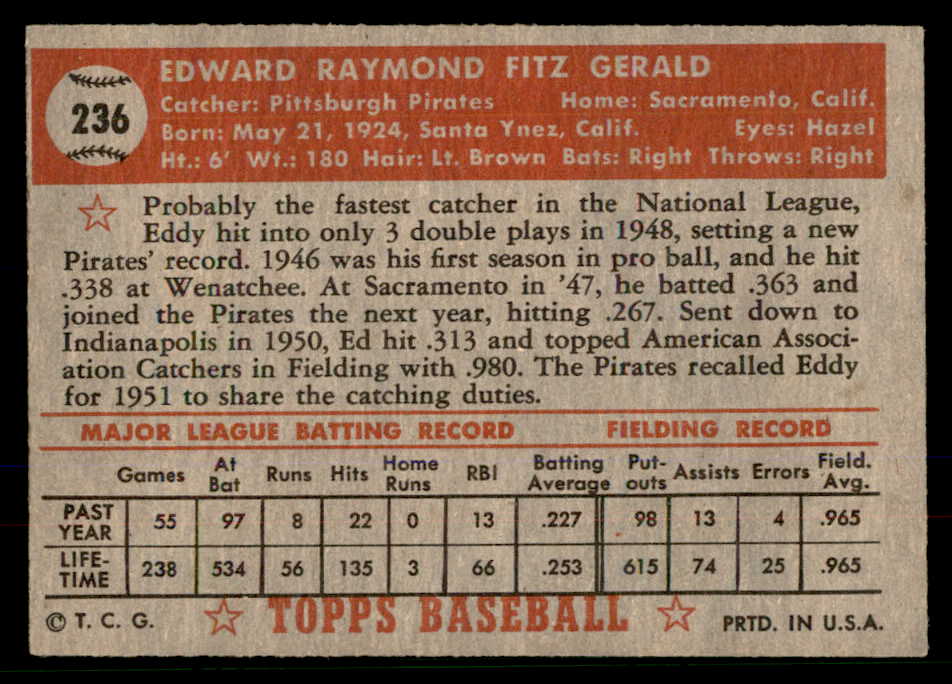 1952 Topps Baseball #236 Ed Fitzgerald Pirates EX-MT 568387