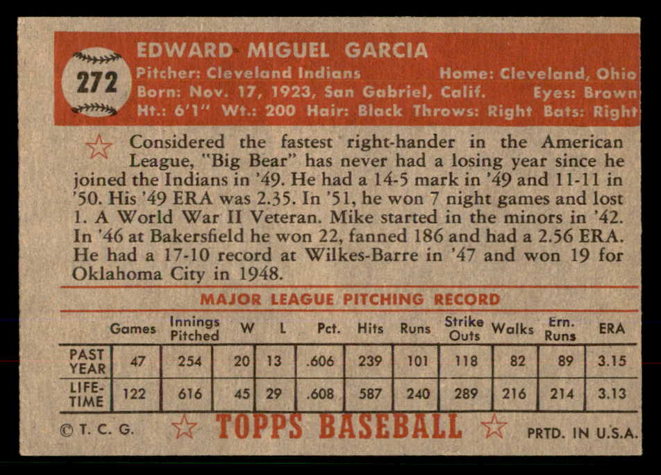 1952 Topps Baseball #272 Mike Garcia Indians EX-MT/NR-MT 568392