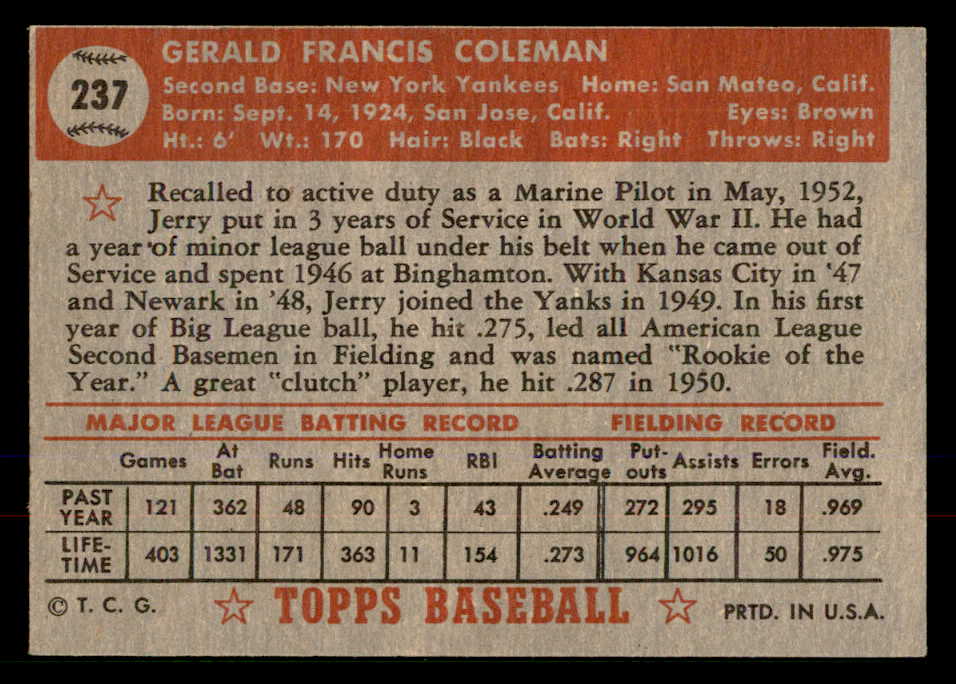 1952 Topps Baseball #237 Jerry Coleman Yankees EX-MT 568393