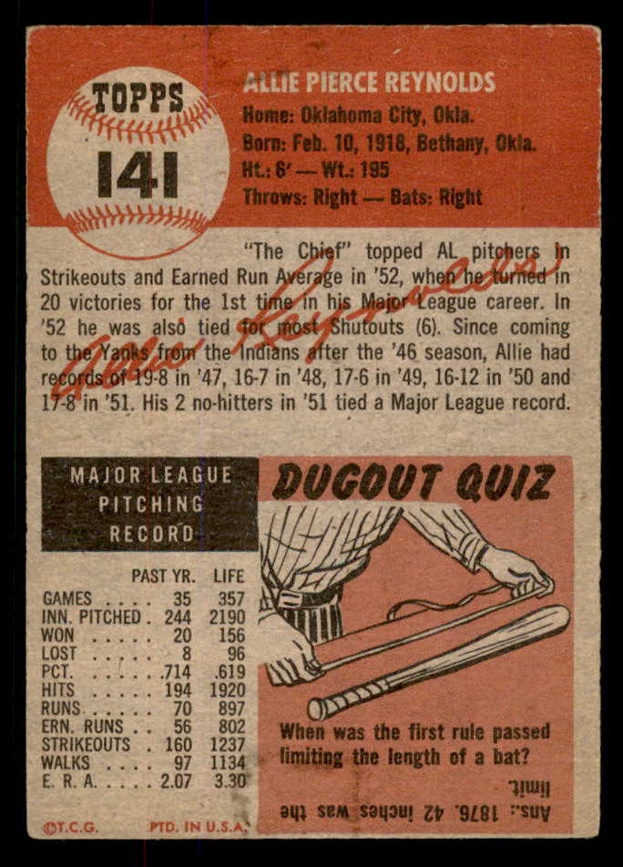 1953 Topps Baseball #141 Allie Reynolds Yankees GD-VG 568394