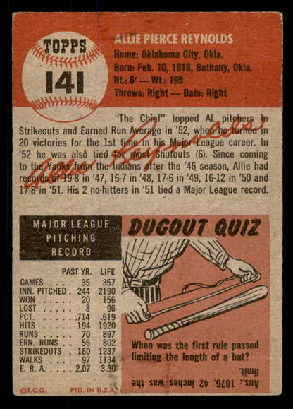 1953 Topps Baseball #141 Allie Reynolds Yankees GD-VG 568394