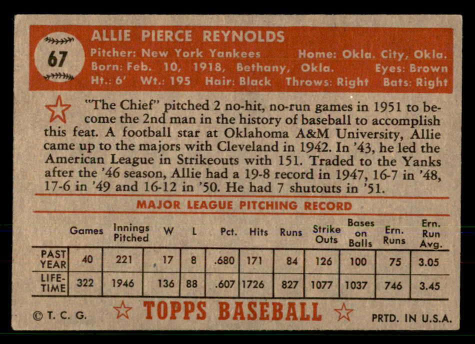 1952 Topps Baseball # 67 Allie Reynolds Yankees EX+/EX-MT Red 568400