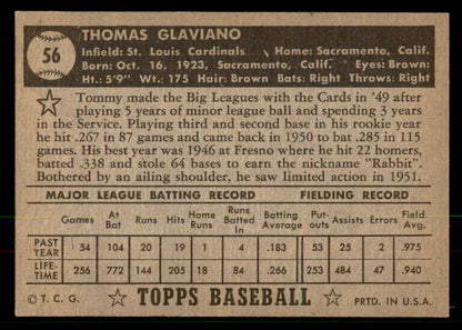 1952 Topps Baseball # 56 Tommy Glaviano Cardinals EX-MT Black 568405