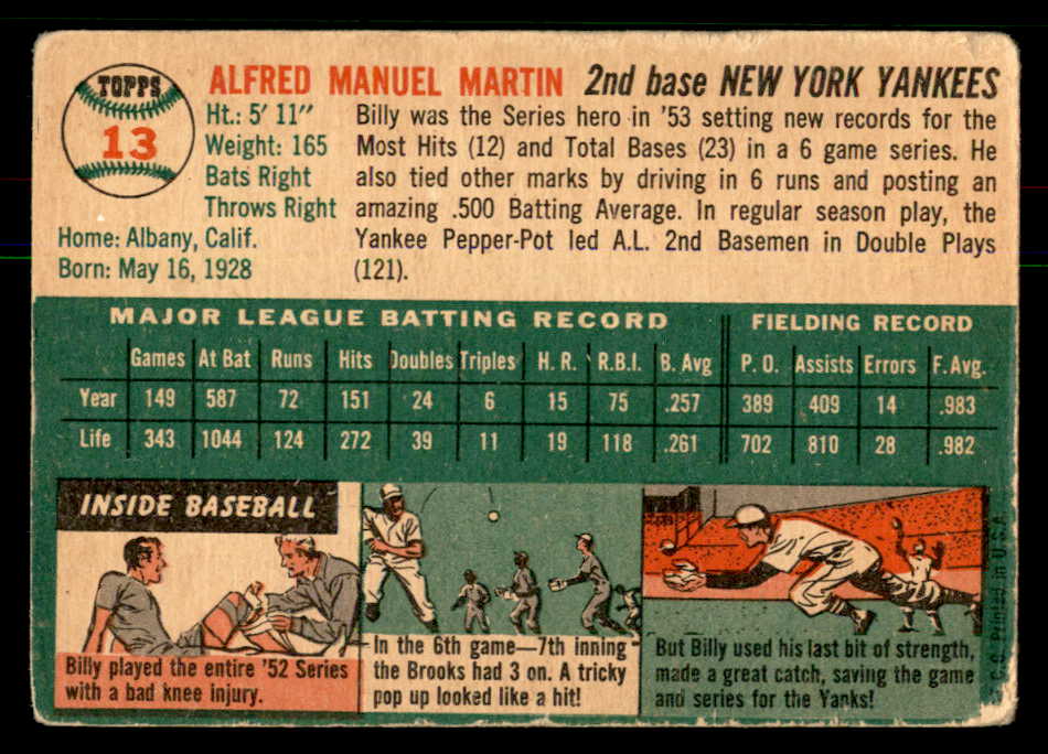1954 Topps Baseball # 13 Billy Martin Yankees GD-VG 568406