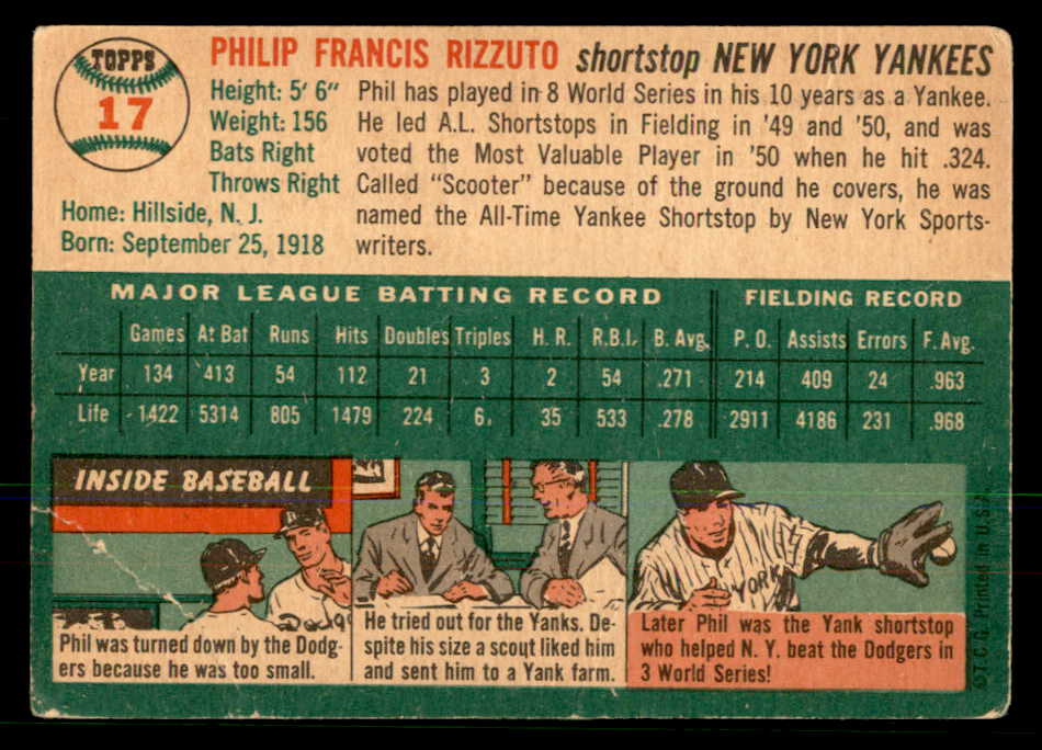 1954 Topps Baseball # 17 Phil Rizzuto Yankees VG 568407