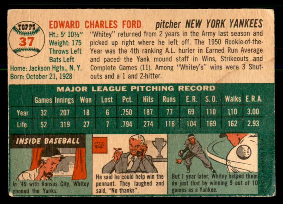 1954 Topps Baseball # 37 Whitey Ford Yankees Good 568408