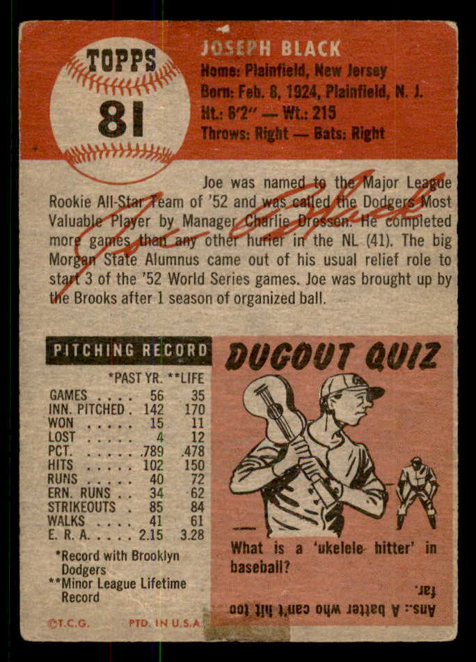 1953 Topps Baseball # 81 Joe Black Dodgers Good 568409