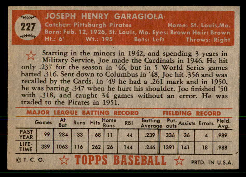 1952 Topps Baseball #227 Joe Garagiola Pirates NR-MT 568412
