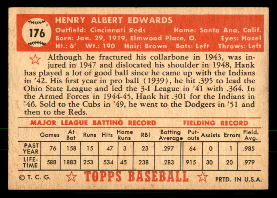 1952 Topps Baseball #176 Hank Edwards Reds EX-MT 568413
