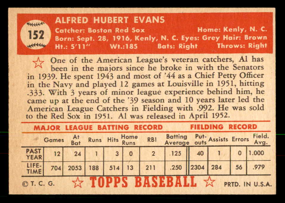 1952 Topps Baseball #152 Al Evans Red Sox EX-MT 568414