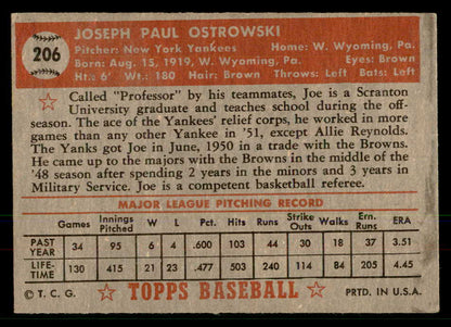 1952 Topps Baseball #206 Joe Ostrowski Yankees EX-MT 568415