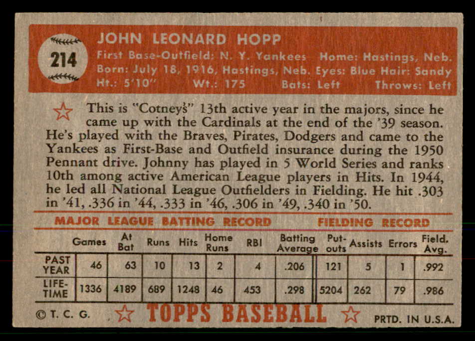 1952 Topps Baseball #214 Johnny Hopp Yankees EX-MT 568416