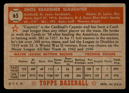 1952 Topps Baseball # 65 Enos Slaughter Cardinals VG-EX Red 568417