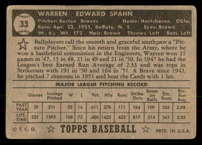 1952 Topps Baseball # 33 Warren Spahn Braves VG Black 568418