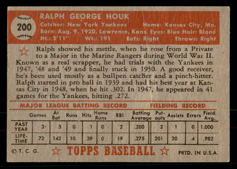 1952 Topps Baseball #200 Ralph Houk Yankees EX 568419