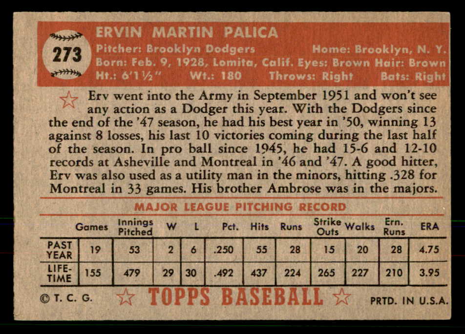 1952 Topps Baseball #273 Erv Palica Dodgers EX-MT 568421