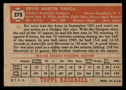 1952 Topps Baseball #273 Erv Palica Dodgers EX-MT 568421