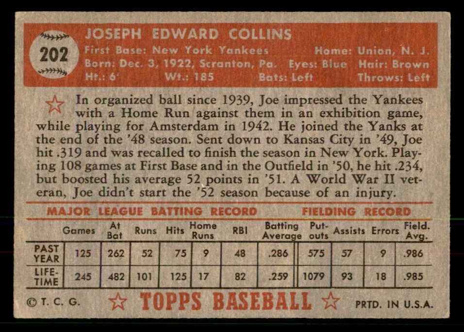 1952 Topps Baseball #202 Joe Collins Yankees EX 568422
